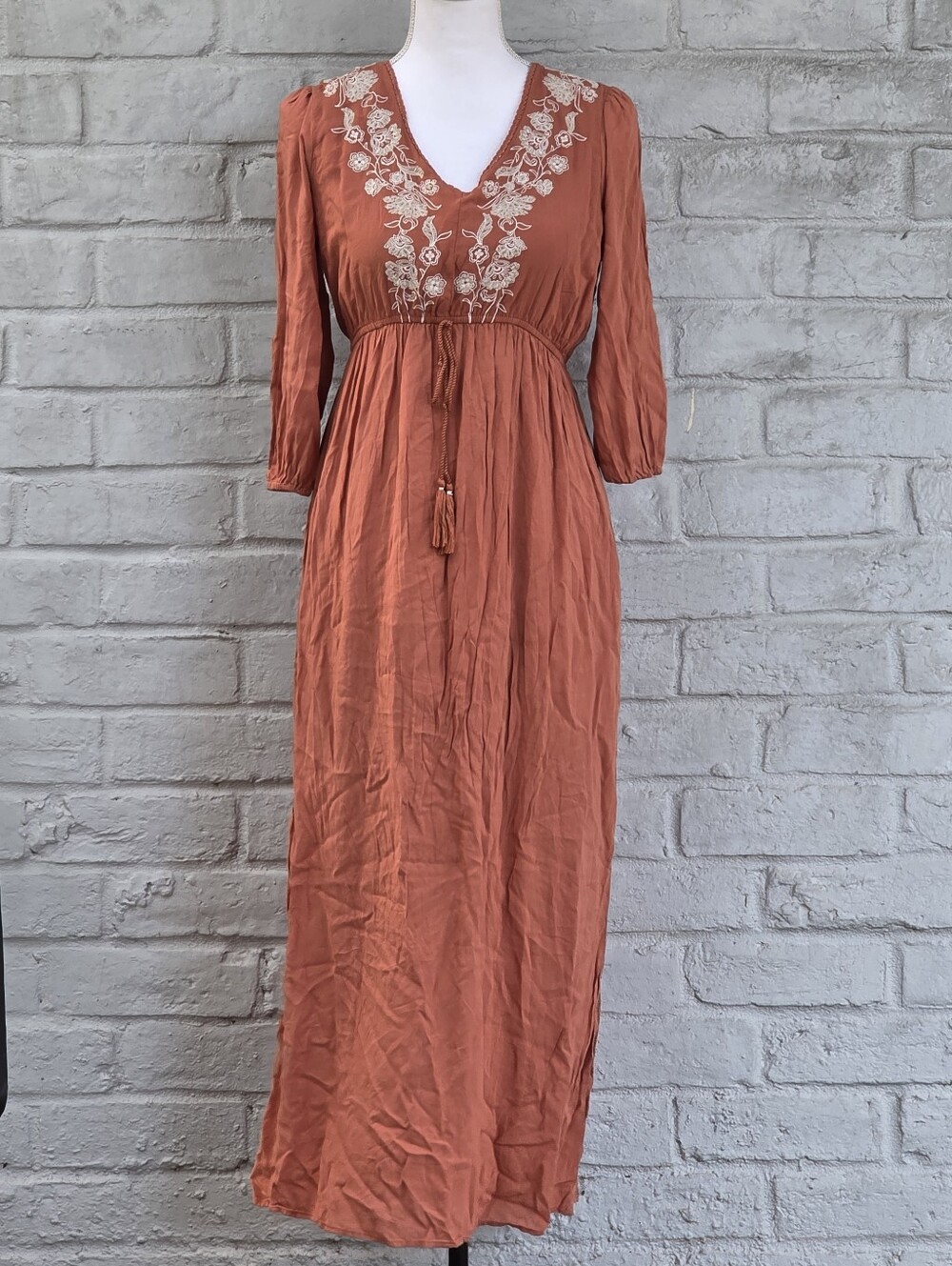 Blue Rain Francesca’s Orange Embroidered Boho Maxi Dress XS